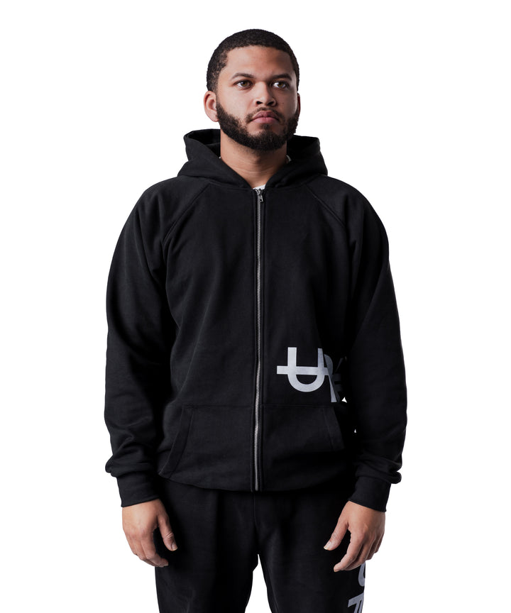 Side Logo Double Zip Hoodie Washed Black
