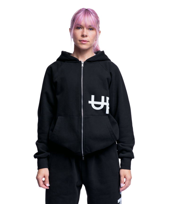 Side Logo Double Zip Hoodie Washed Black